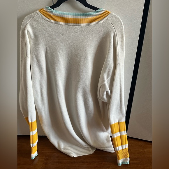 Lacoste V-Neck Sweater with Teal and Yellow Stripe Detail - Picture 3 of 3